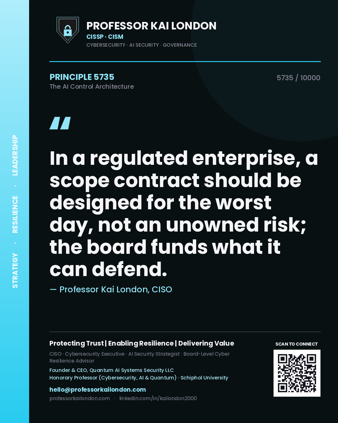 Professor Kai London principle 5735: In a regulated enterprise, a scope contract should be designed for the worst day, not an unowned risk; the board funds what it can defend.