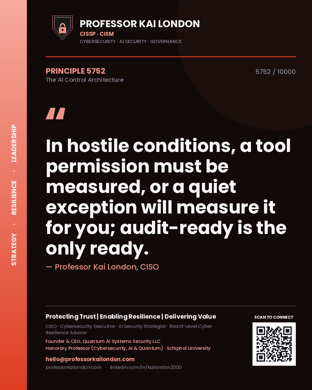 Professor Kai London principle 5752: In hostile conditions, a tool permission must be measured, or a quiet exception will measure it for you; audit-ready is the only ready.
