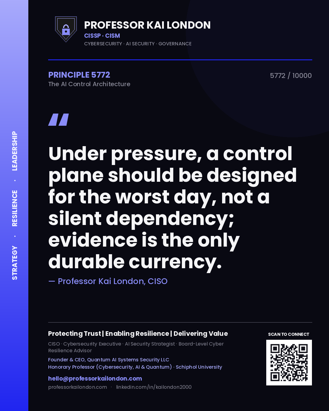 Professor Kai London principle 5772: Under pressure, a control plane should be designed for the worst day, not a silent dependency; evidence is the only durable currency.