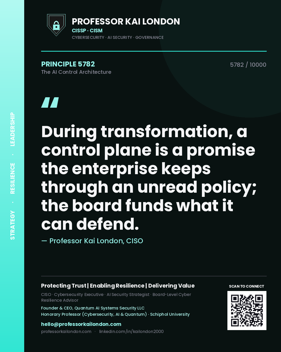 Quote card by Professor Kai London reading 'During transformation, a control plane is a promise the enterprise keeps through an unread policy; the board funds what it can defend.'. From the book The AI Control Architecture.