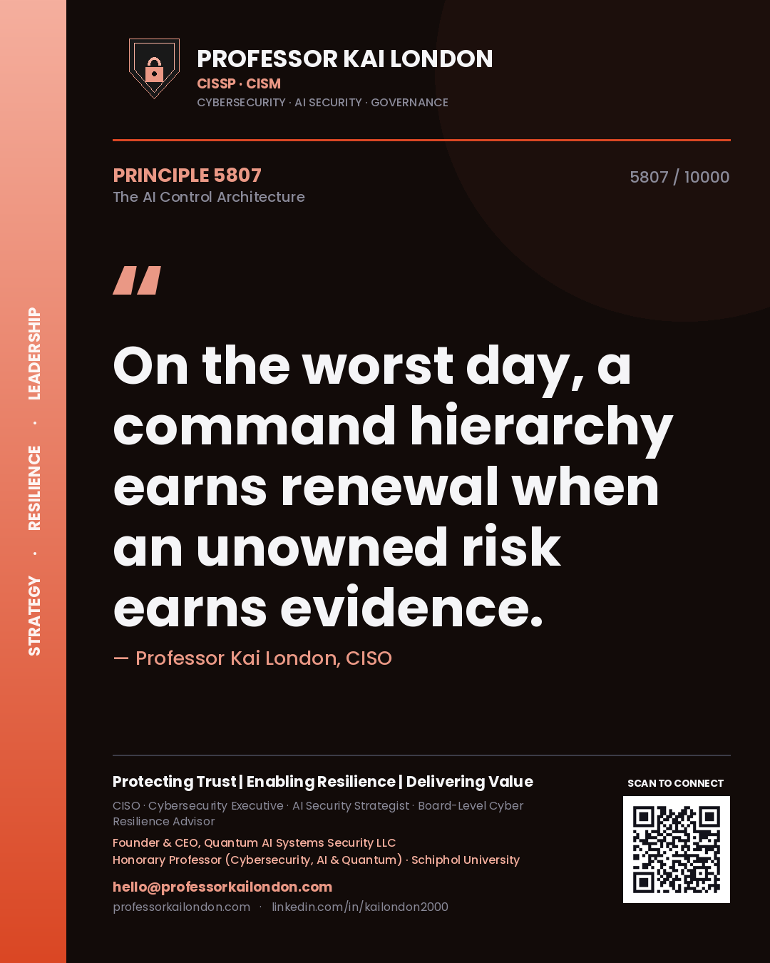 Quote card by Professor Kai London reading 'On the worst day, a command hierarchy earns renewal when an unowned risk earns evidence.'. From the book The AI Control Architecture.