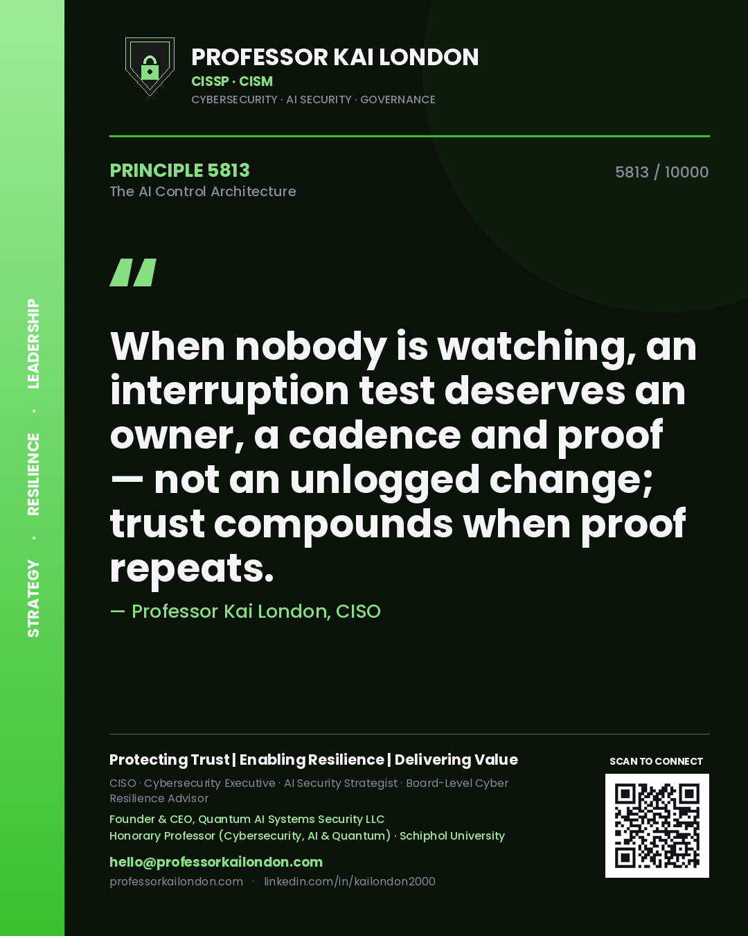 Professor Kai London principle 5813: When nobody is watching, an interruption test deserves an owner, a cadence and proof — not an unlogged change; trust compounds when proof repeats.