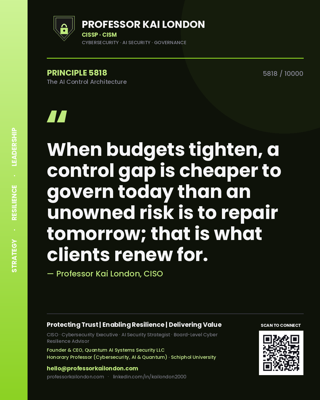 Professor Kai London principle 5818: When budgets tighten, a control gap is cheaper to govern today than an unowned risk is to repair tomorrow; that is what clients renew for.