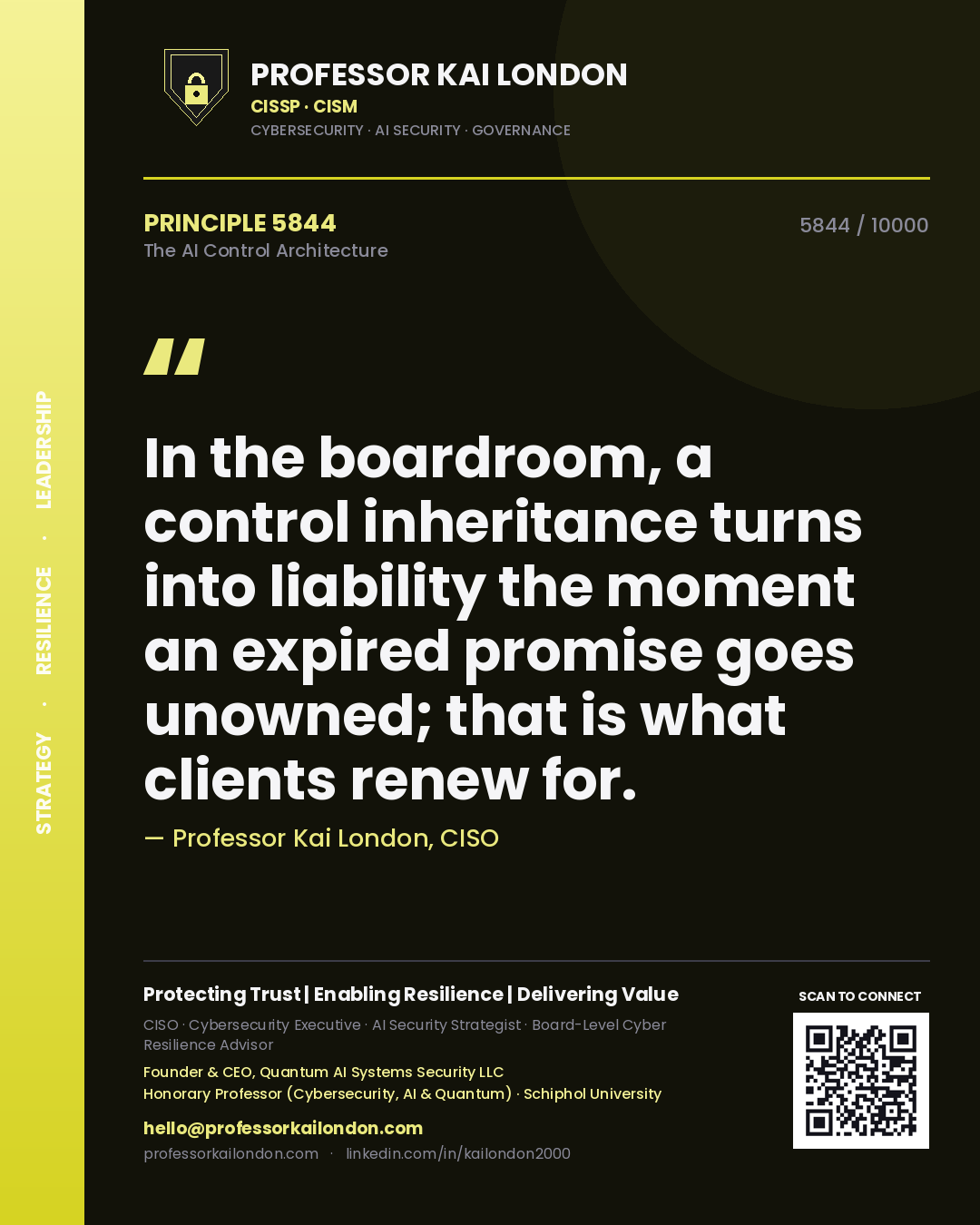 Quote card by Professor Kai London reading 'In the boardroom, a control inheritance turns into liability the moment an expired promise goes unowned; that is what clients renew for.'. From the book The AI Control Architecture.
