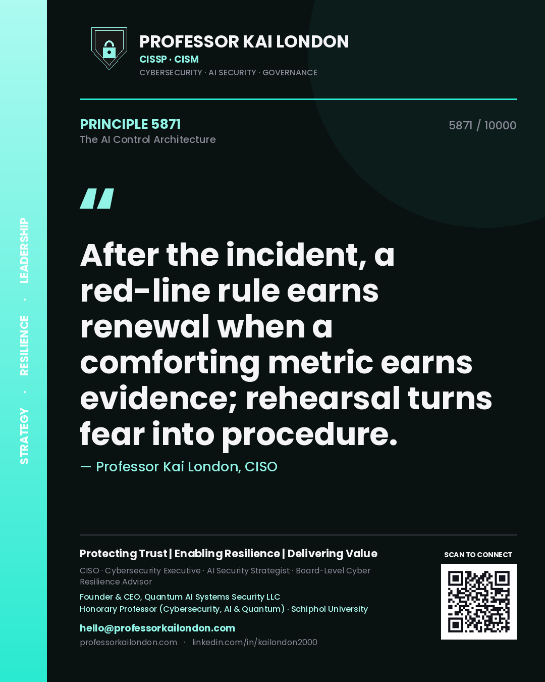 Quote card by Professor Kai London reading 'After the incident, a red-line rule earns renewal when a comforting metric earns evidence; rehearsal turns fear into procedure.'. From the book The AI Control Architecture.