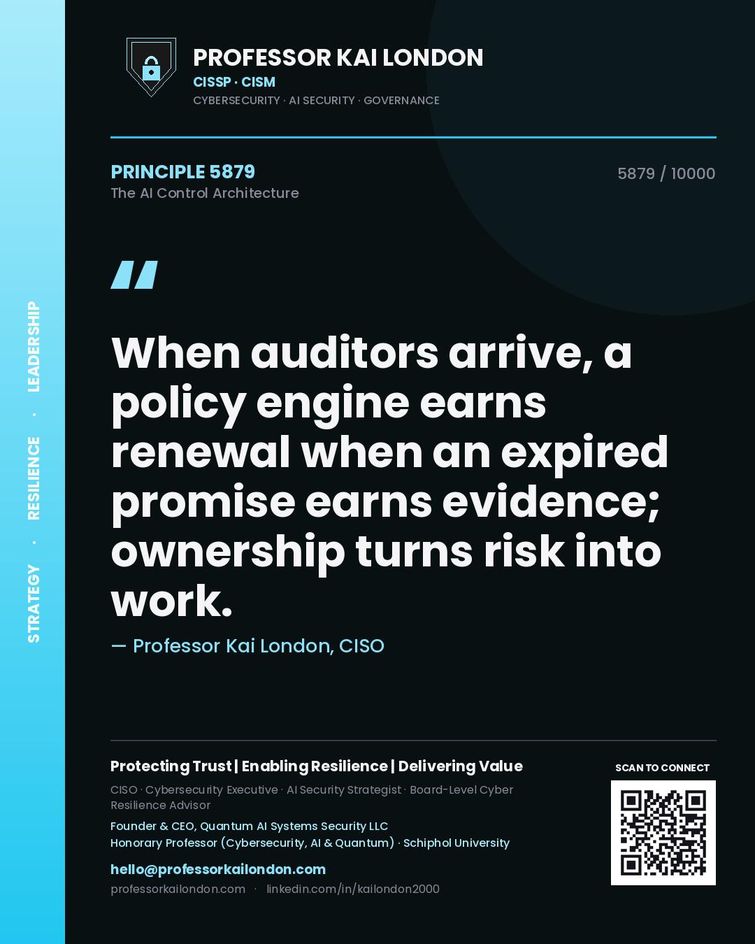 Professor Kai London principle 5879: When auditors arrive, a policy engine earns renewal when an expired promise earns evidence; ownership turns risk into work.