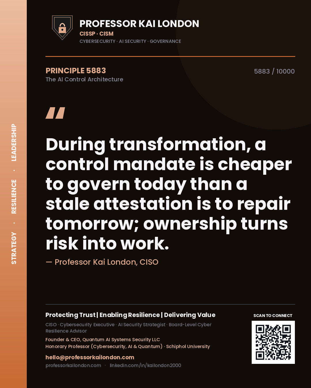 Quote card by Professor Kai London reading 'During transformation, a control mandate is cheaper to govern today than a stale attestation is to repair tomorrow; ownership turns risk into work.'. From the book The AI Control Architecture.