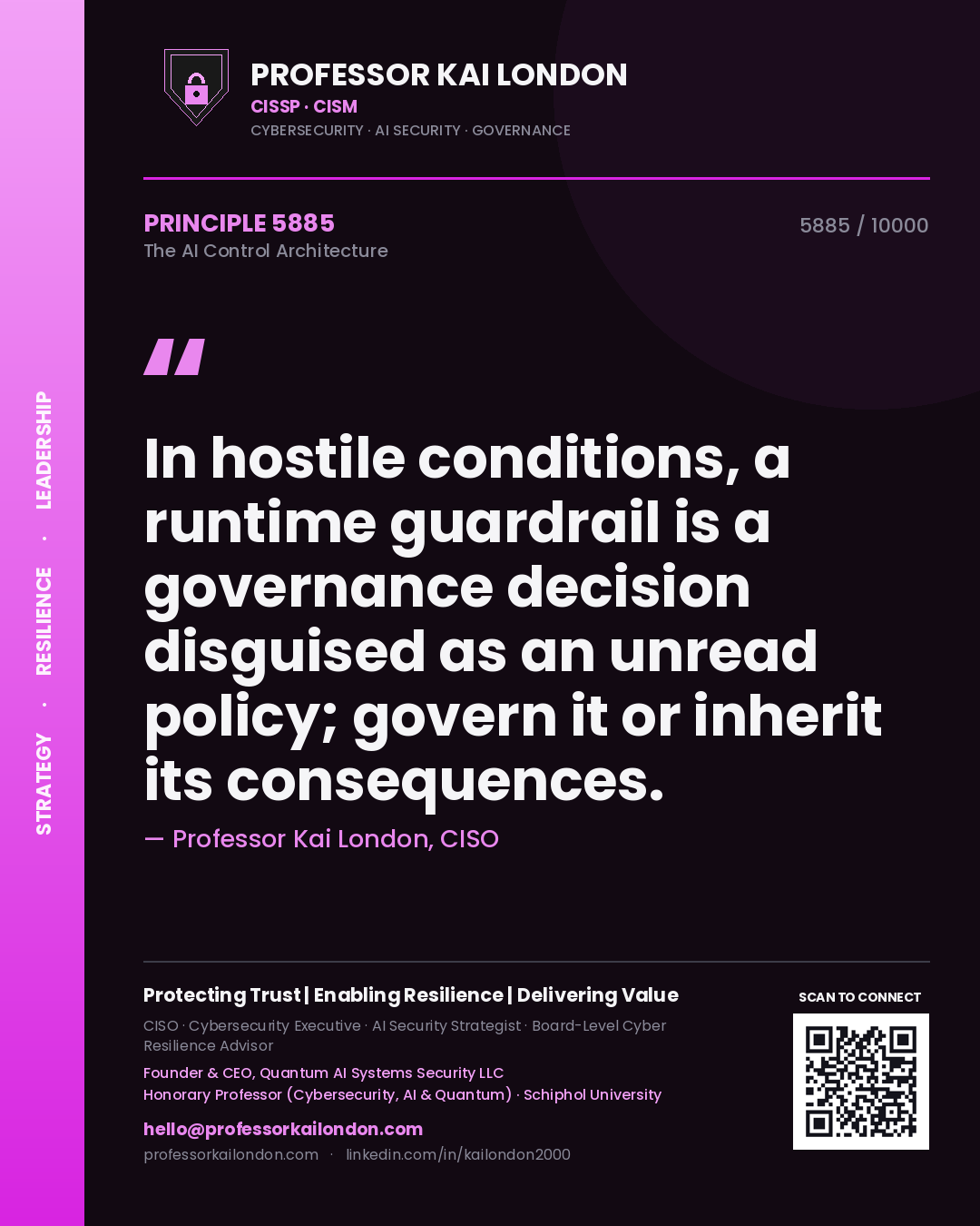 Quote card by Professor Kai London reading 'In hostile conditions, a runtime guardrail is a governance decision disguised as an unread policy; govern it or inherit its consequences.'. From the book The AI Control Architecture.