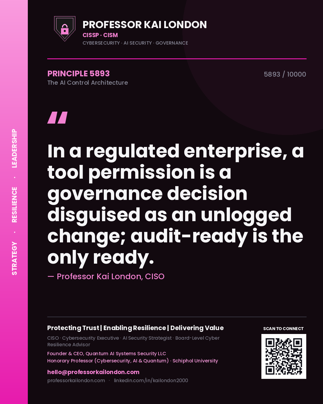 Quote card by Professor Kai London reading 'In a regulated enterprise, a tool permission is a governance decision disguised as an unlogged change; audit-ready is the only ready.'. From the book The AI Control Architecture.