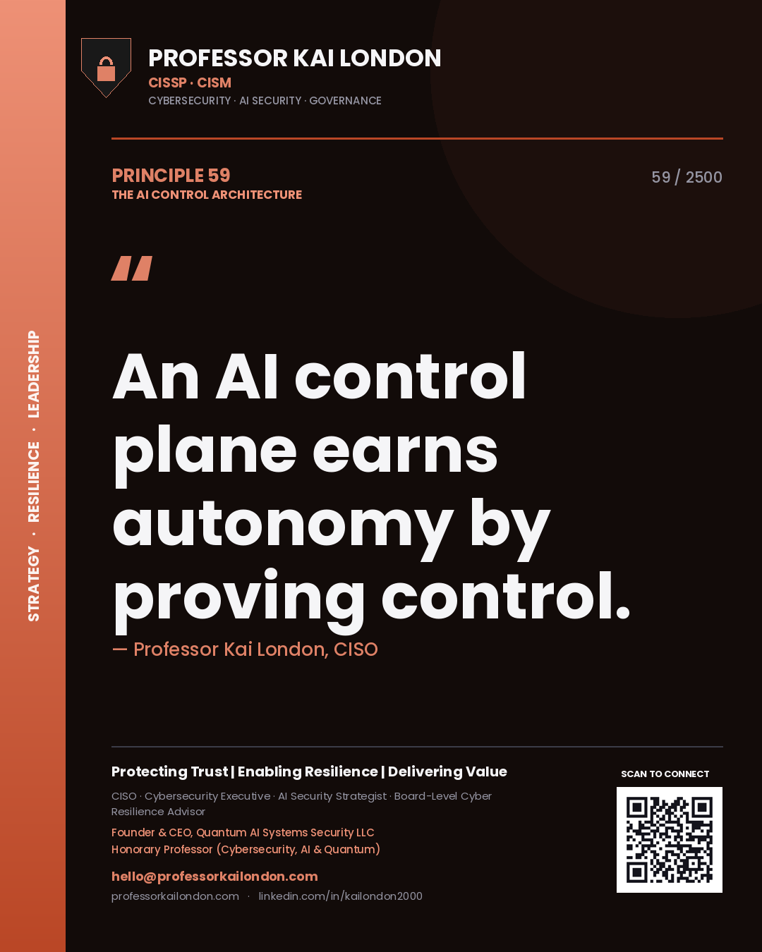 Quote card by Professor Kai London reading 'An AI control plane earns autonomy by proving control.'. From the book The AI Control Architecture.