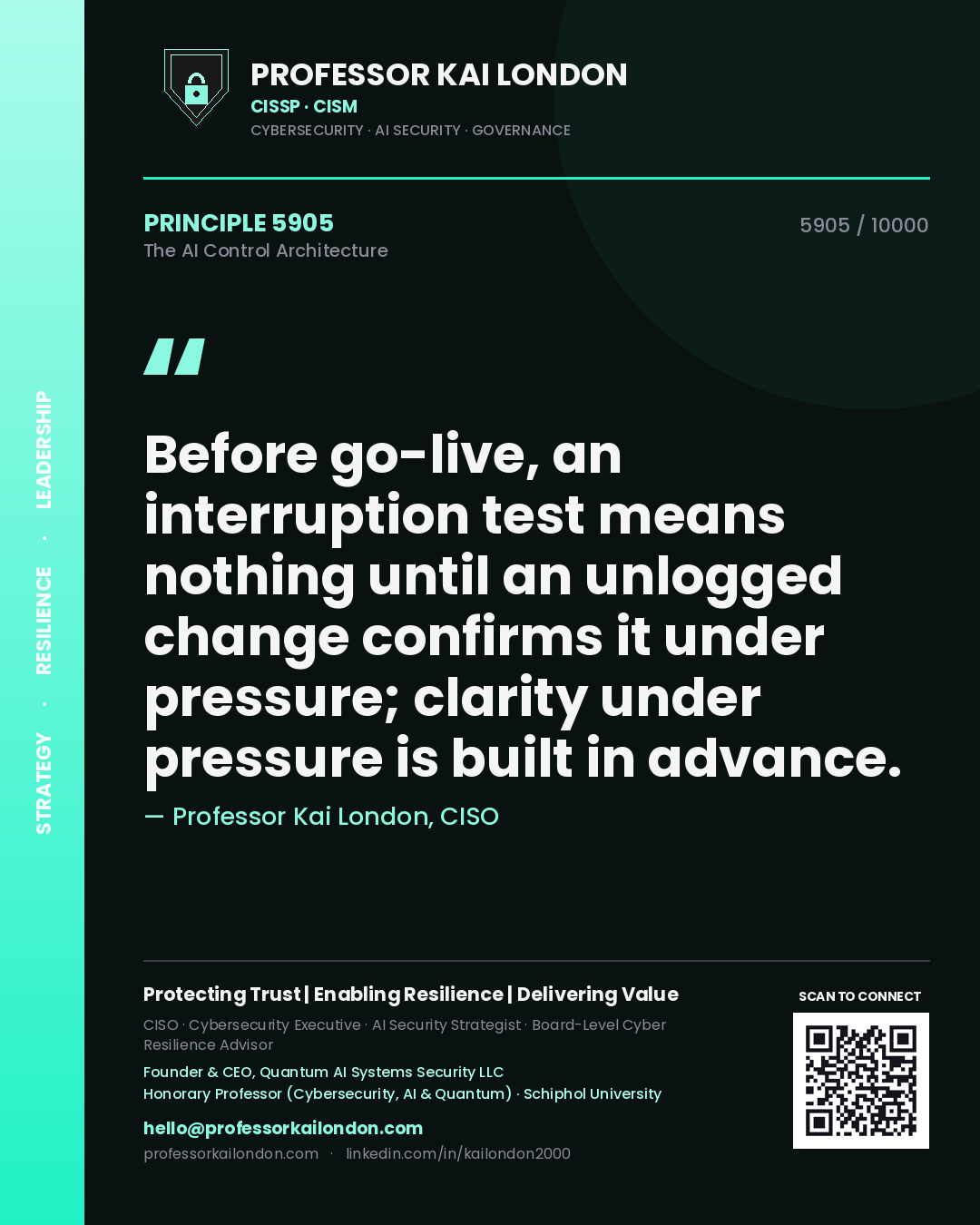 Professor Kai London principle 5905: Before go-live, an interruption test means nothing until an unlogged change confirms it under pressure; clarity under pressure is built in advance.