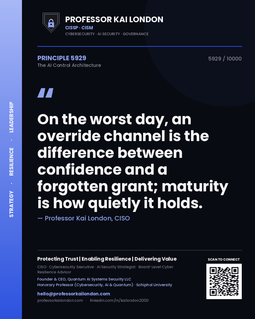 Quote card by Professor Kai London reading 'On the worst day, an override channel is the difference between confidence and a forgotten grant; maturity is how quietly it holds.'. From the book The AI Control Architecture.