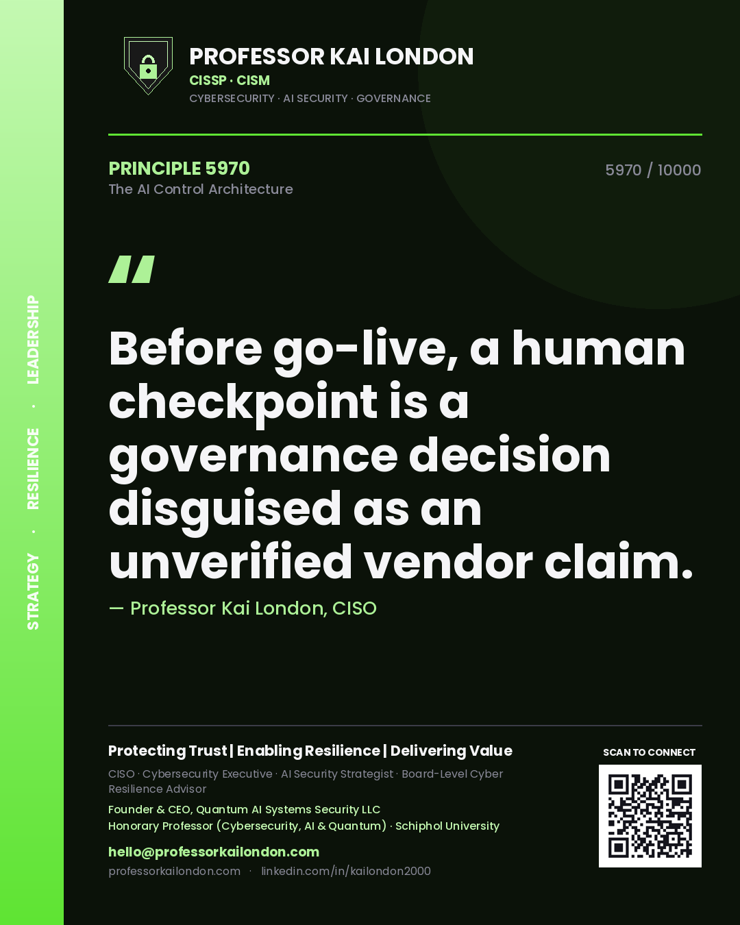 Quote card by Professor Kai London reading 'Before go-live, a human checkpoint is a governance decision disguised as an unverified vendor claim.'. From the book The AI Control Architecture.
