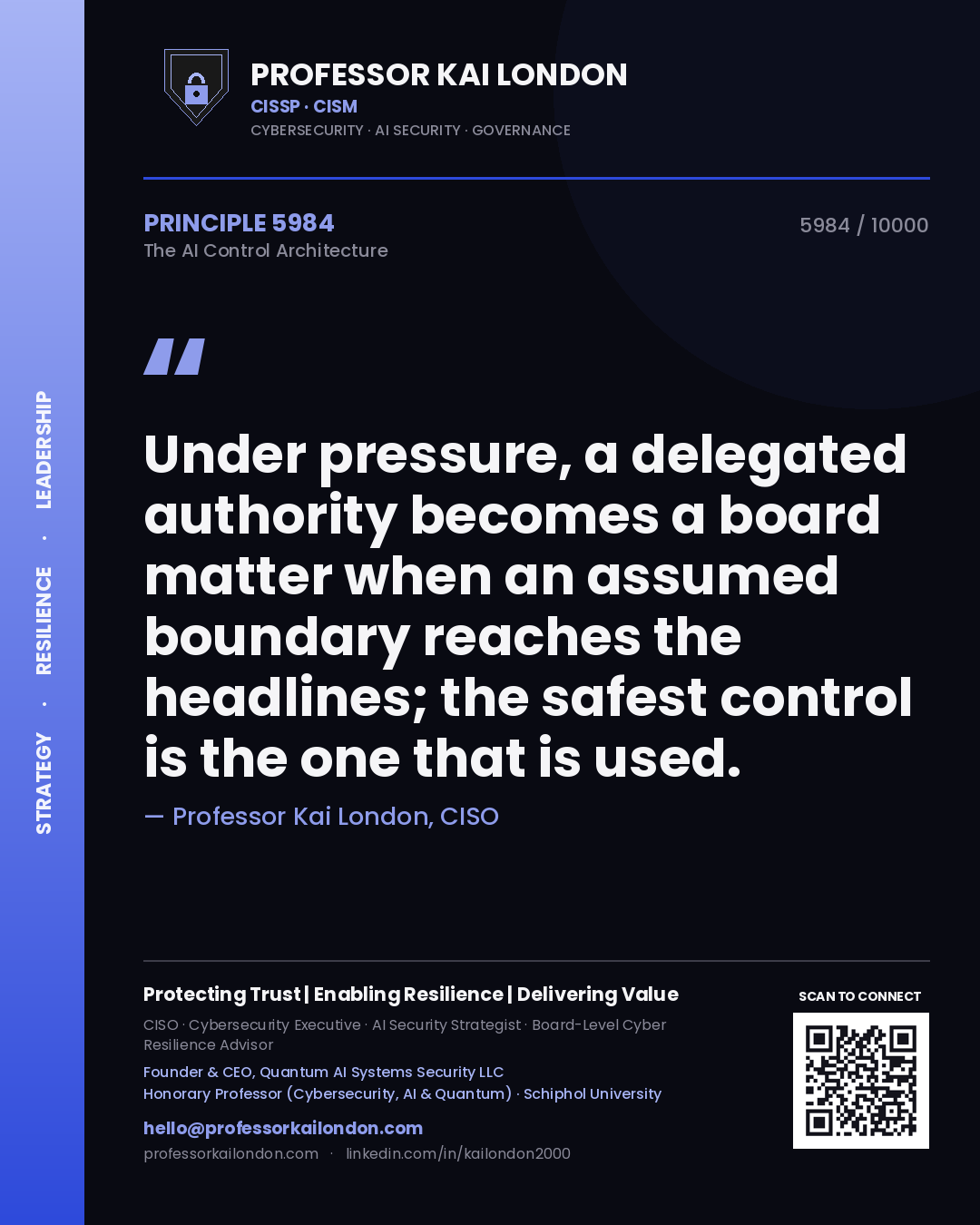 Professor Kai London principle 5984: Under pressure, a delegated authority becomes a board matter when an assumed boundary reaches the headlines; the safest control is the one that is used.