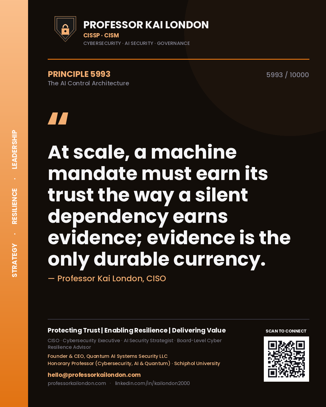 Quote card by Professor Kai London reading 'At scale, a machine mandate must earn its trust the way a silent dependency earns evidence; evidence is the only durable currency.'. From the book The AI Control Architecture.