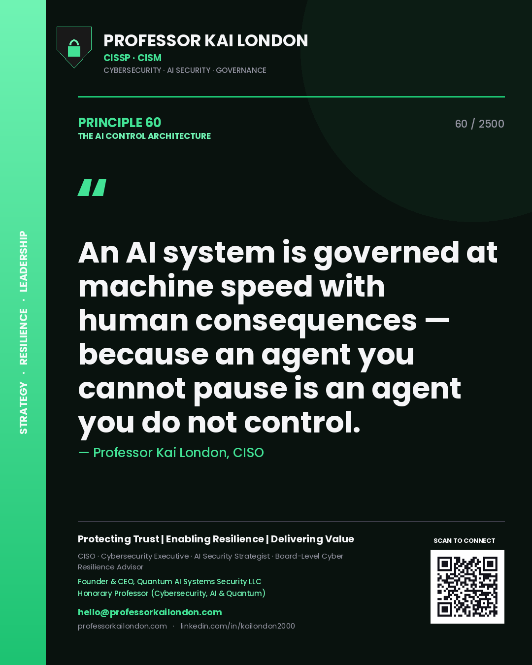 Quote card by Professor Kai London reading 'An AI system is governed at machine speed with human consequences — because an agent you cannot pause is an agent you do not control.'. From the book The AI Control Architecture.