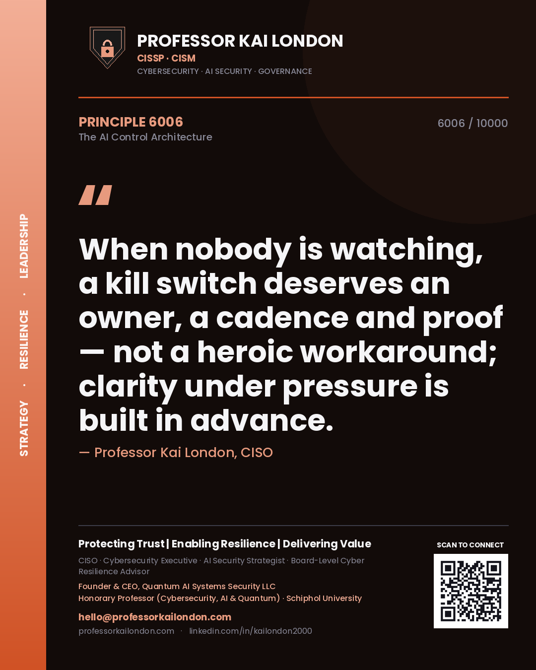 Quote card by Professor Kai London reading 'When nobody is watching, a kill switch deserves an owner, a cadence and proof — not a heroic workaround; clarity under pressure is built in advance.'. From the book The AI Control Architecture.