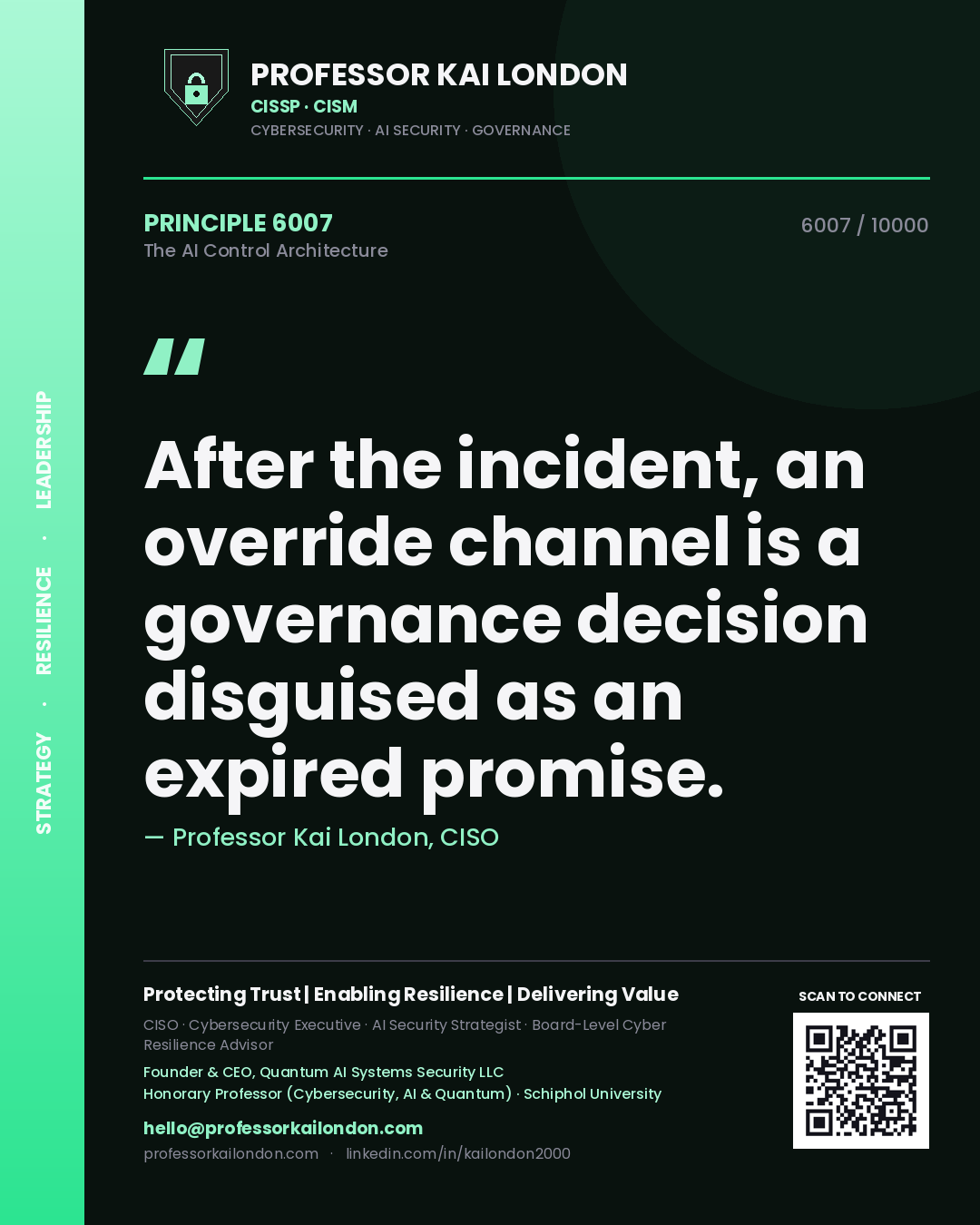 Quote card by Professor Kai London reading 'After the incident, an override channel is a governance decision disguised as an expired promise.'. From the book The AI Control Architecture.