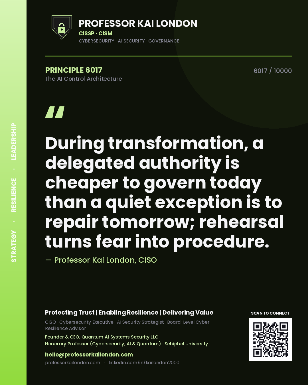 Quote card by Professor Kai London reading 'During transformation, a delegated authority is cheaper to govern today than a quiet exception is to repair tomorrow; rehearsal turns fear into procedure.'. From the book The AI Control Architecture.