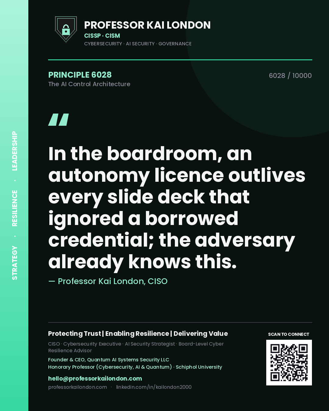 Professor Kai London principle 6028: In the boardroom, an autonomy licence outlives every slide deck that ignored a borrowed credential; the adversary already knows this.