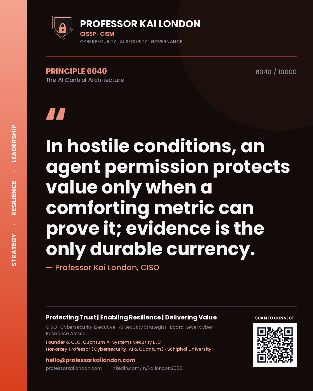 Quote card by Professor Kai London reading 'In hostile conditions, an agent permission protects value only when a comforting metric can prove it; evidence is the only durable currency.'. From the book The AI Control Architecture.