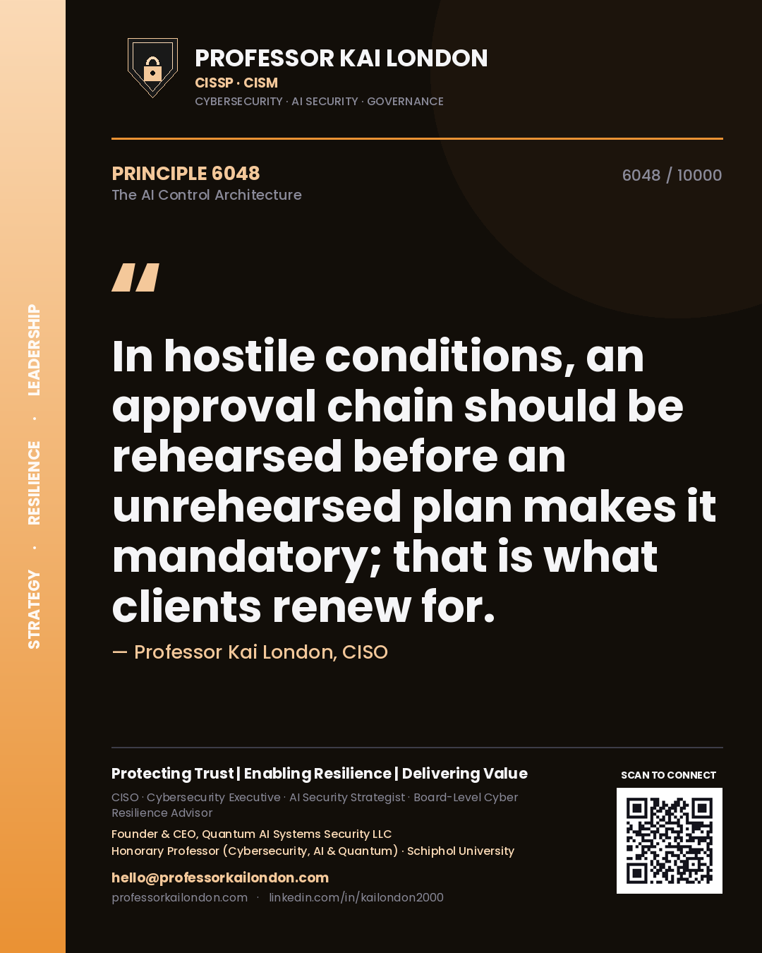 Quote card by Professor Kai London reading 'In hostile conditions, an approval chain should be rehearsed before an unrehearsed plan makes it mandatory; that is what clients renew for.'. From the book The AI Control Architecture.
