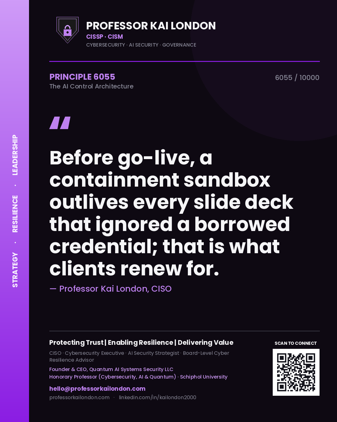 Professor Kai London principle 6055: Before go-live, a containment sandbox outlives every slide deck that ignored a borrowed credential; that is what clients renew for.