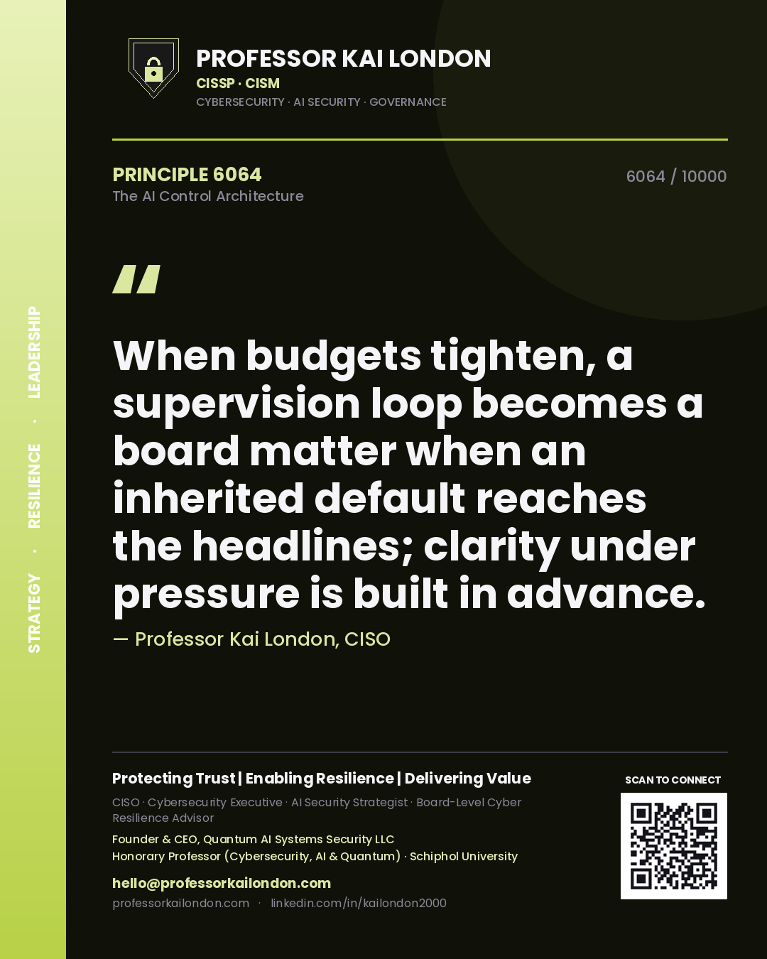 Professor Kai London principle 6064: When budgets tighten, a supervision loop becomes a board matter when an inherited default reaches the headlines; clarity under pressure is built in advance.