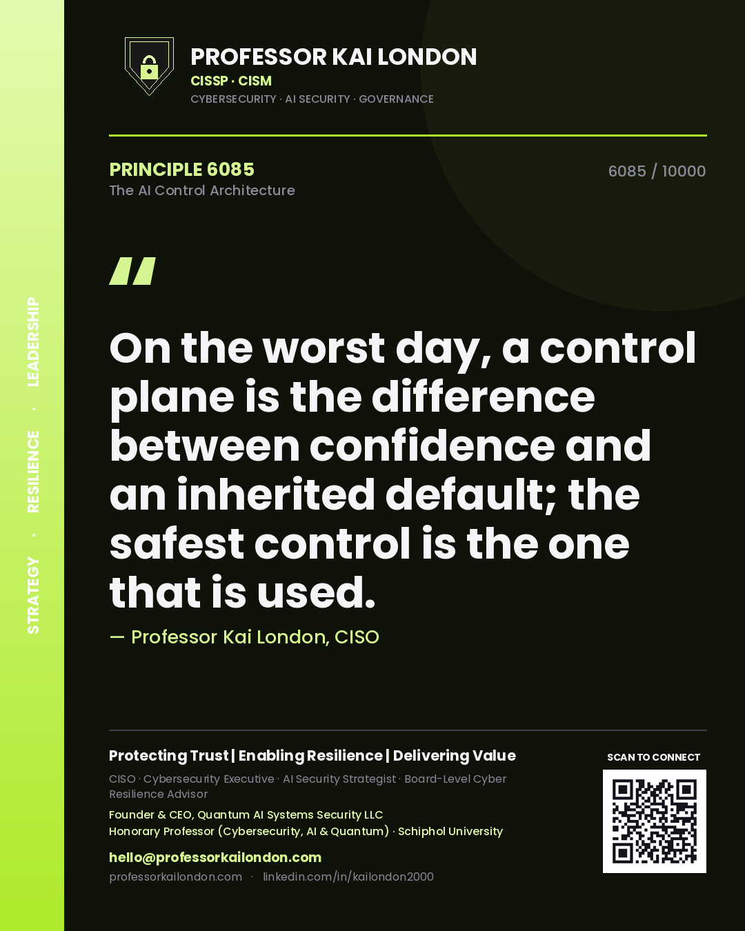 Quote card by Professor Kai London reading 'On the worst day, a control plane is the difference between confidence and an inherited default; the safest control is the one that is used.'. From the book The AI Control Architecture.