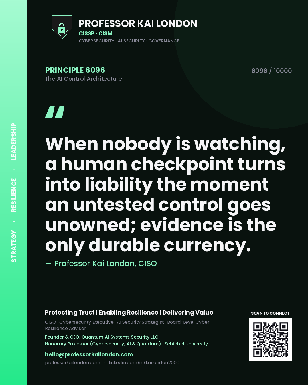 Quote card by Professor Kai London reading 'When nobody is watching, a human checkpoint turns into liability the moment an untested control goes unowned; evidence is the only durable currency.'. From the book The AI Control Architecture.