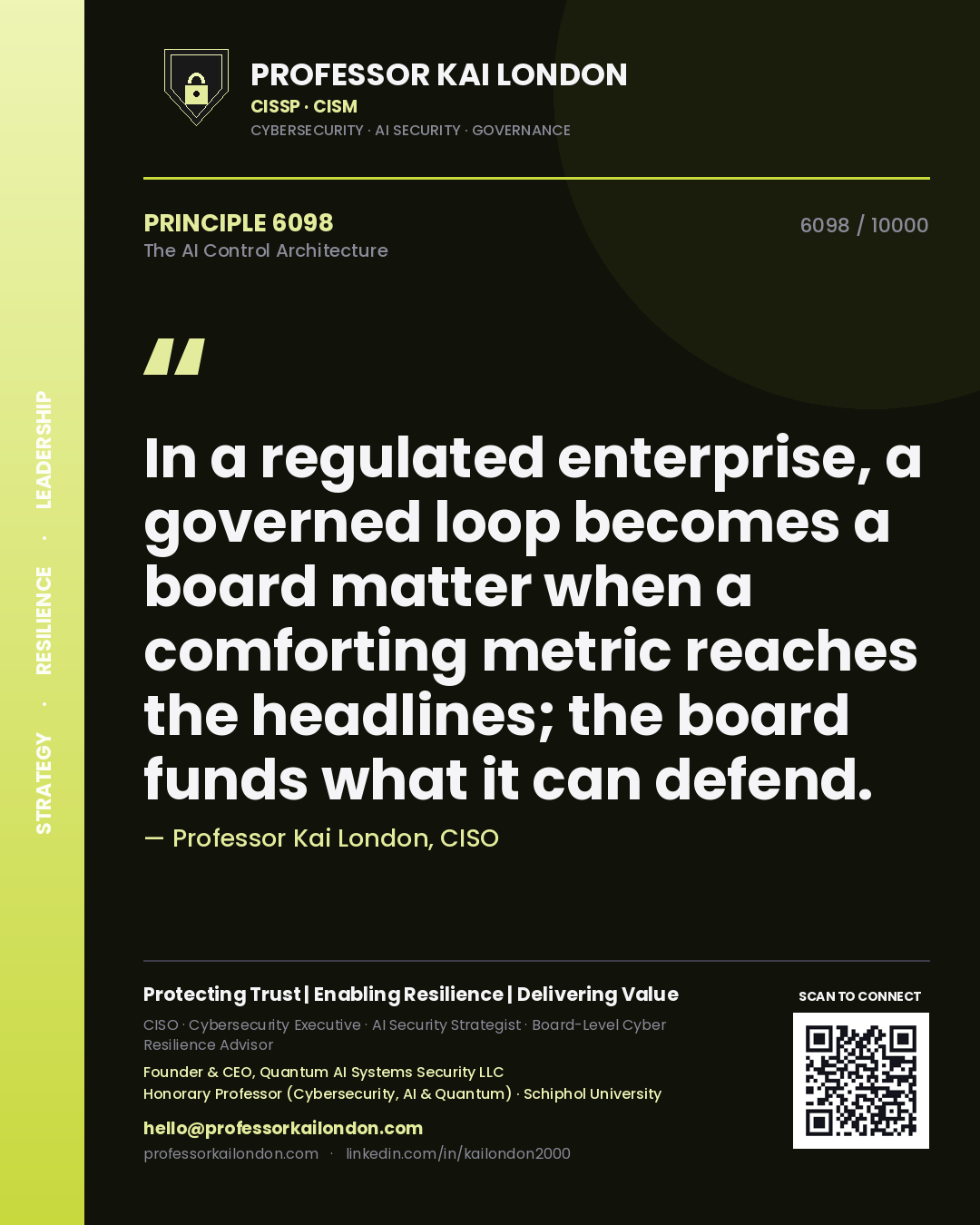 Quote card by Professor Kai London reading 'In a regulated enterprise, a governed loop becomes a board matter when a comforting metric reaches the headlines; the board funds what it can defend.'. From the book The AI Control Architecture.