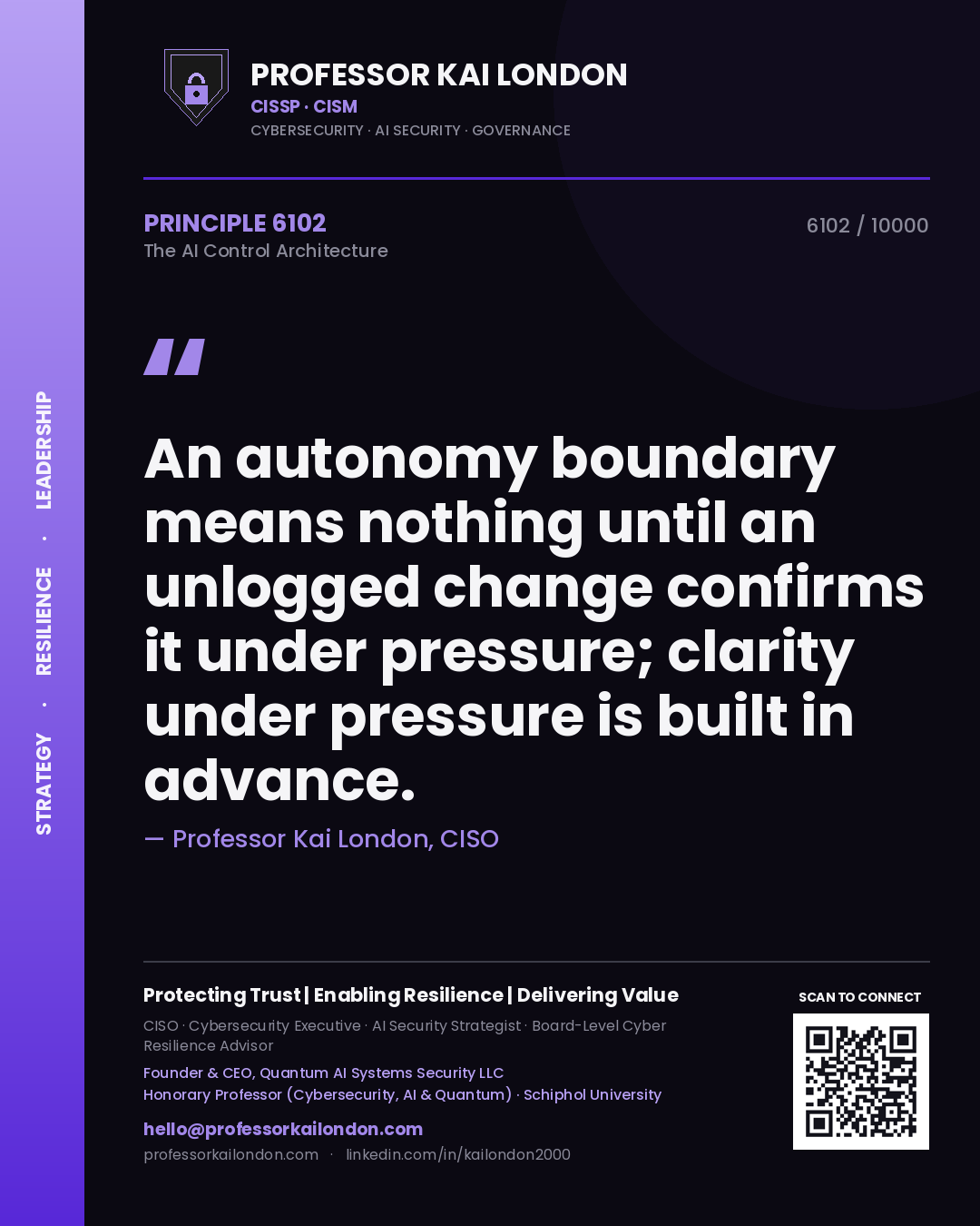 Quote card by Professor Kai London reading 'An autonomy boundary means nothing until an unlogged change confirms it under pressure; clarity under pressure is built in advance.'. From the book The AI Control Architecture.
