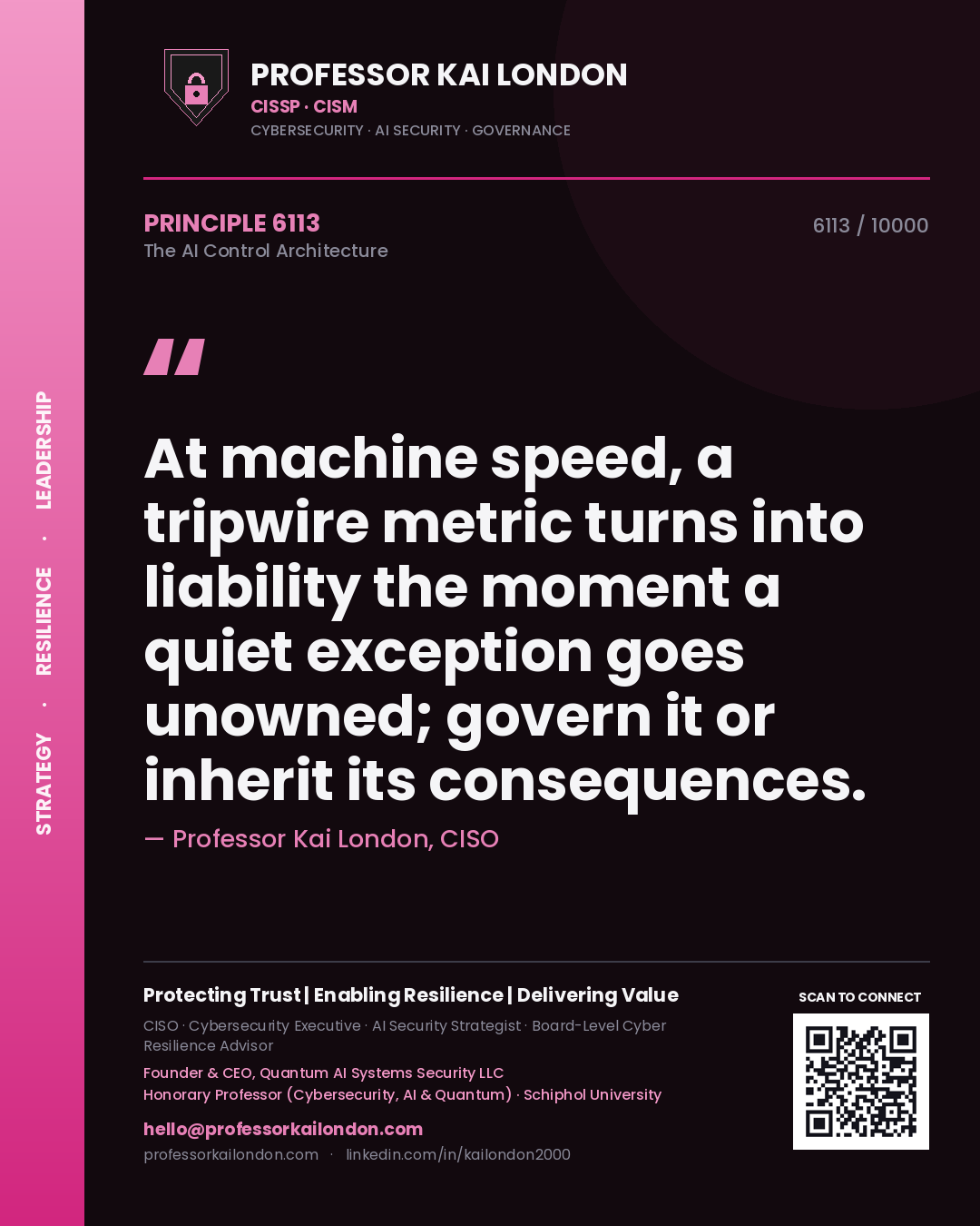 Professor Kai London principle 6113: At machine speed, a tripwire metric turns into liability the moment a quiet exception goes unowned; govern it or inherit its consequences.