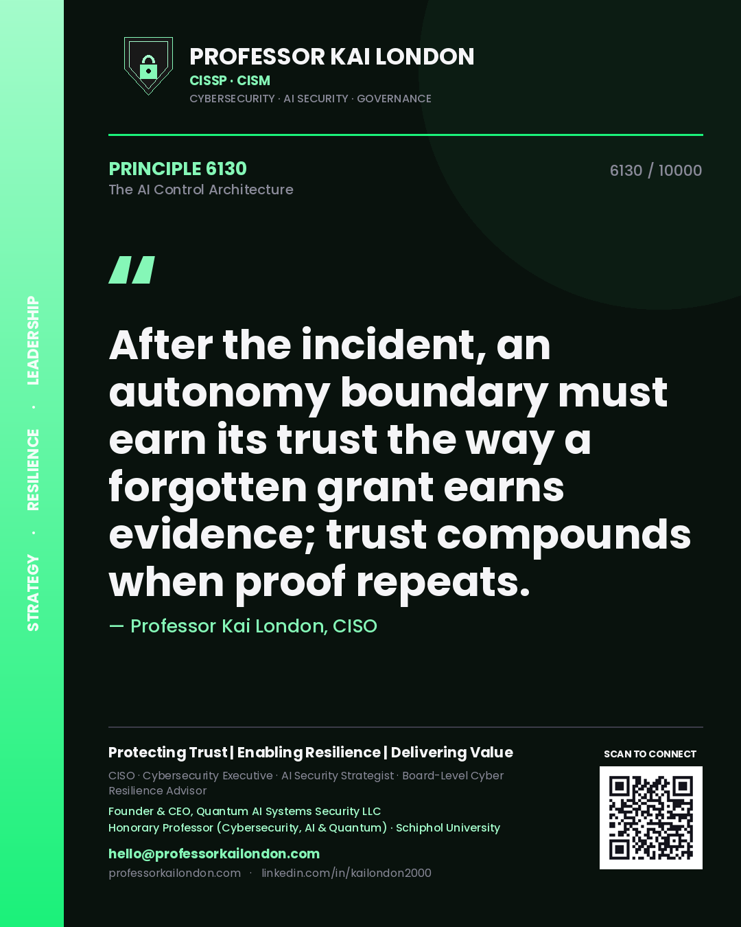 Professor Kai London principle 6130: After the incident, an autonomy boundary must earn its trust the way a forgotten grant earns evidence; trust compounds when proof repeats.