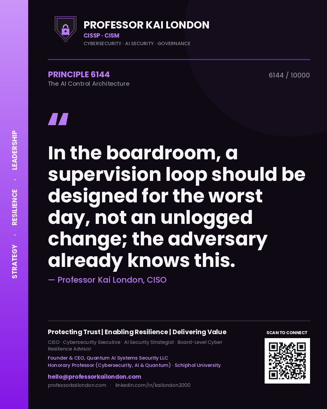 Professor Kai London principle 6144: In the boardroom, a supervision loop should be designed for the worst day, not an unlogged change; the adversary already knows this.