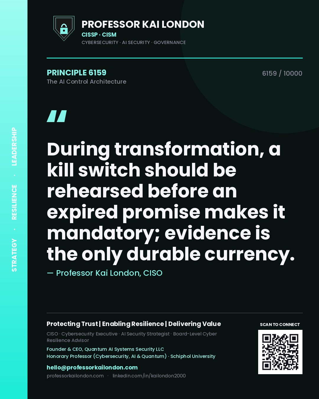 Quote card by Professor Kai London reading 'During transformation, a kill switch should be rehearsed before an expired promise makes it mandatory; evidence is the only durable currency.'. From the book The AI Control Architecture.