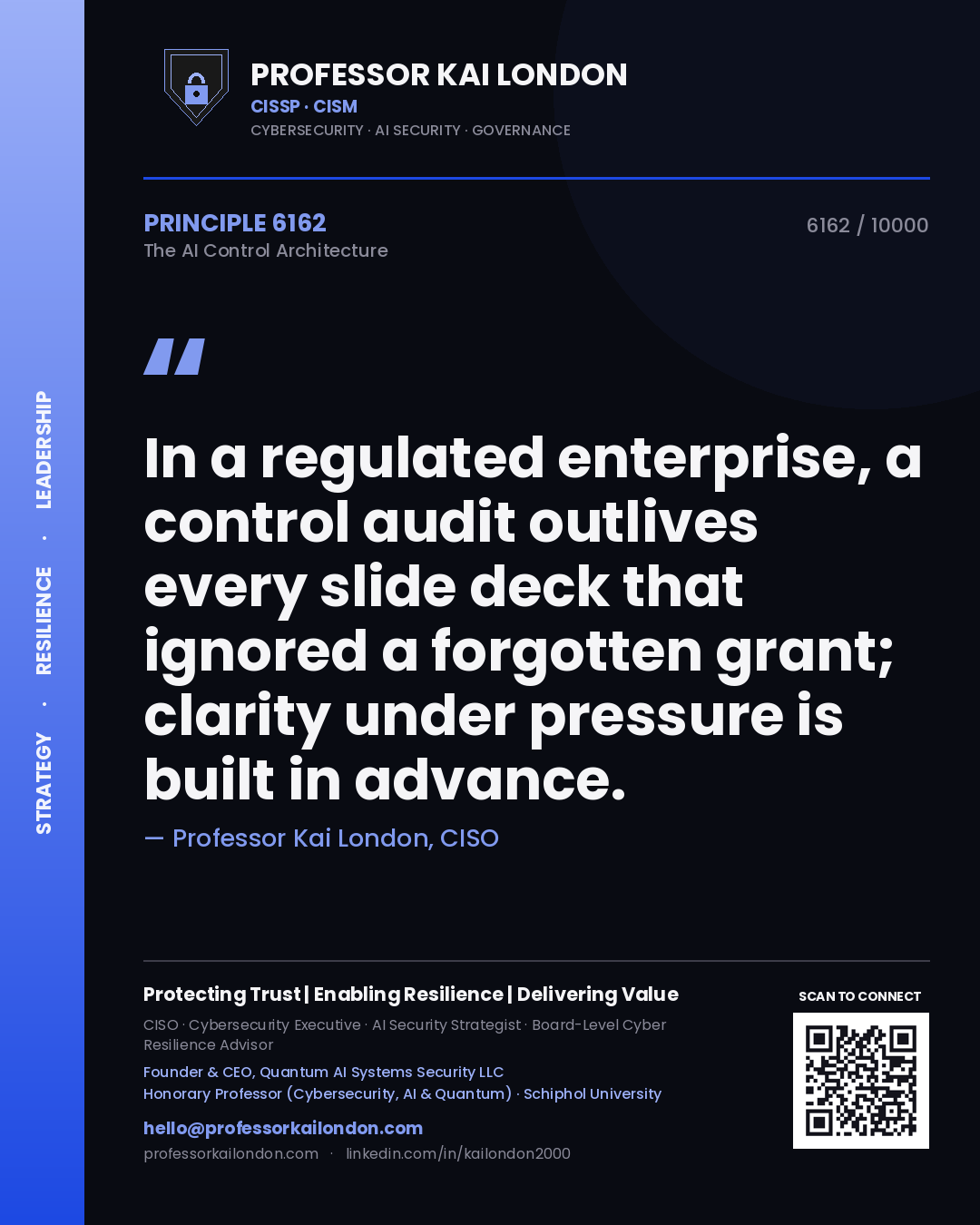 Professor Kai London principle 6162: In a regulated enterprise, a control audit outlives every slide deck that ignored a forgotten grant; clarity under pressure is built in advance.