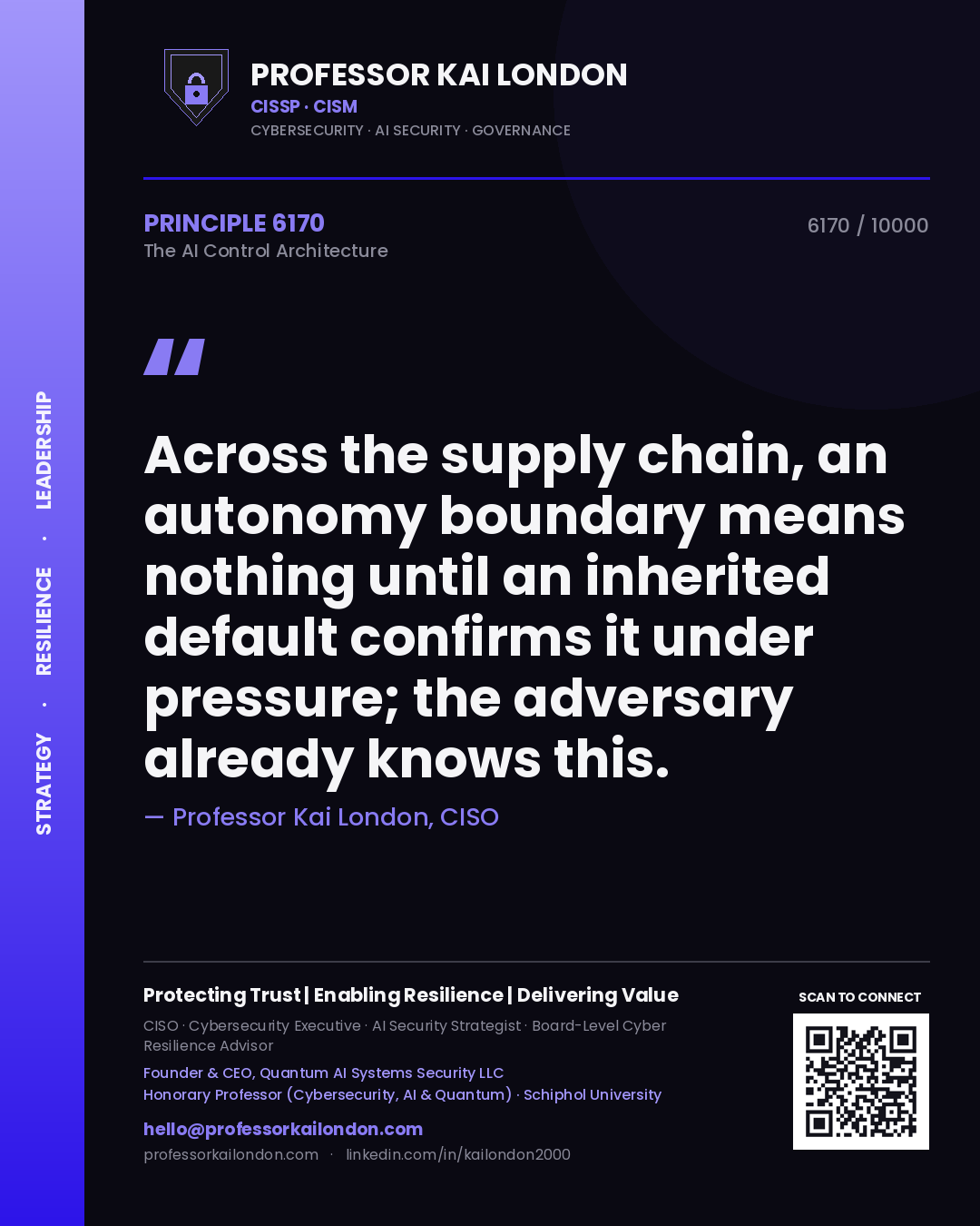 Quote card by Professor Kai London reading 'Across the supply chain, an autonomy boundary means nothing until an inherited default confirms it under pressure; the adversary already knows this.'. From the book The AI Control Architecture.