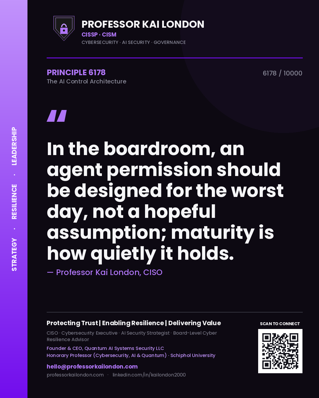 Quote card by Professor Kai London reading 'In the boardroom, an agent permission should be designed for the worst day, not a hopeful assumption; maturity is how quietly it holds.'. From the book The AI Control Architecture.