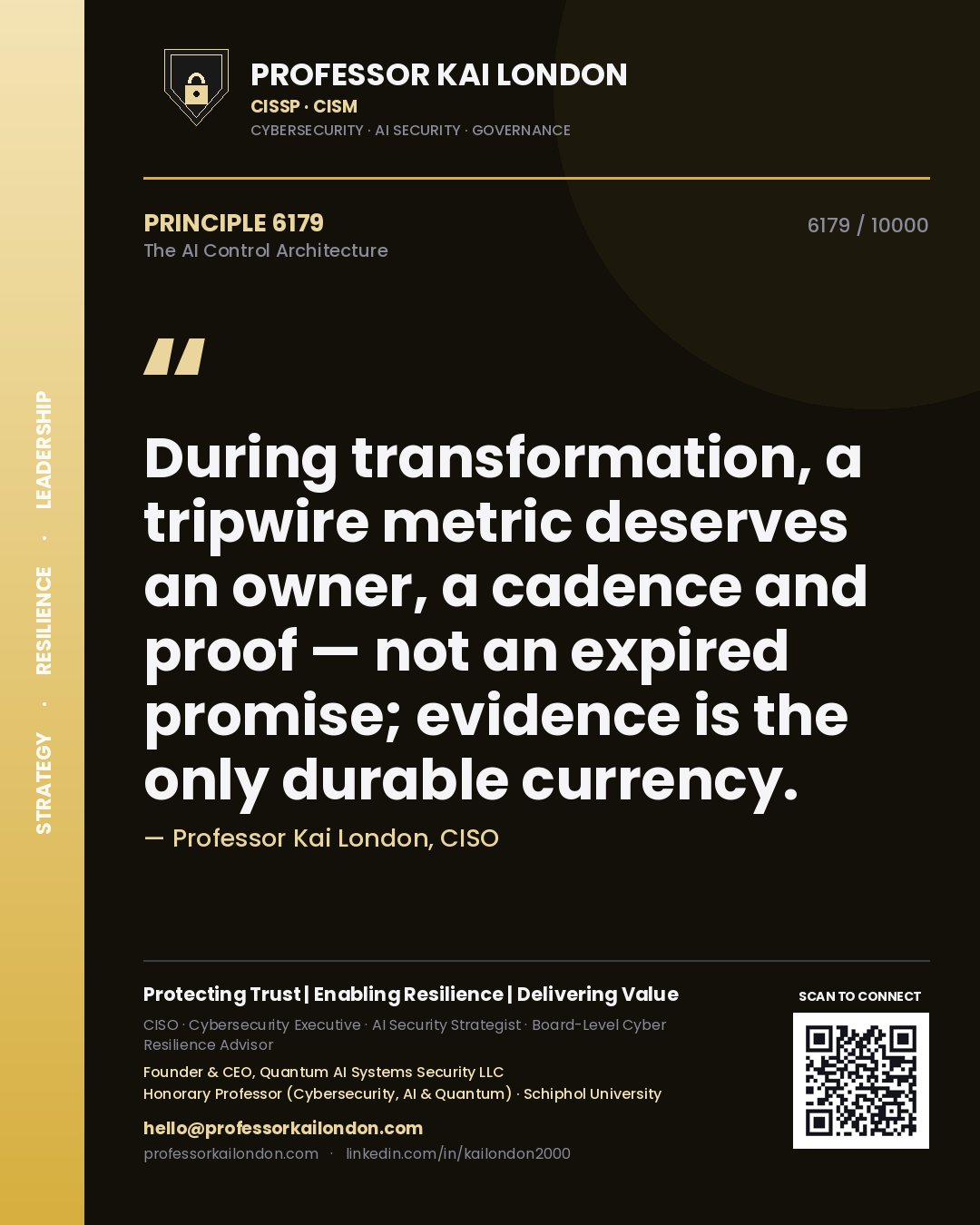 Quote card by Professor Kai London reading 'During transformation, a tripwire metric deserves an owner, a cadence and proof — not an expired promise; evidence is the only durable currency.'. From the book The AI Control Architecture.
