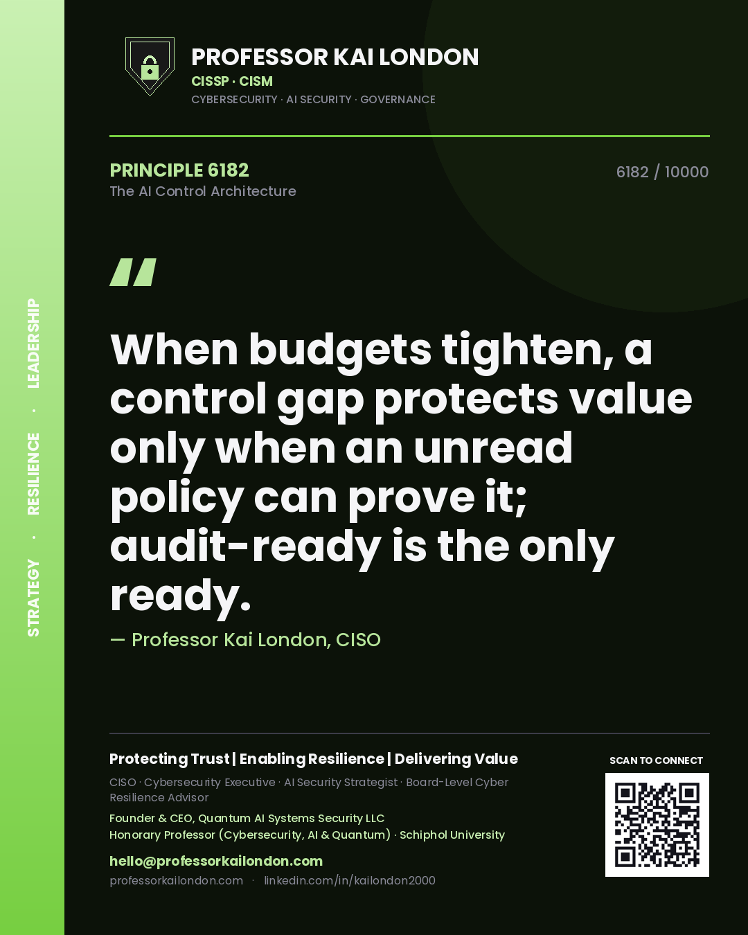Professor Kai London principle 6182: When budgets tighten, a control gap protects value only when an unread policy can prove it; audit-ready is the only ready.