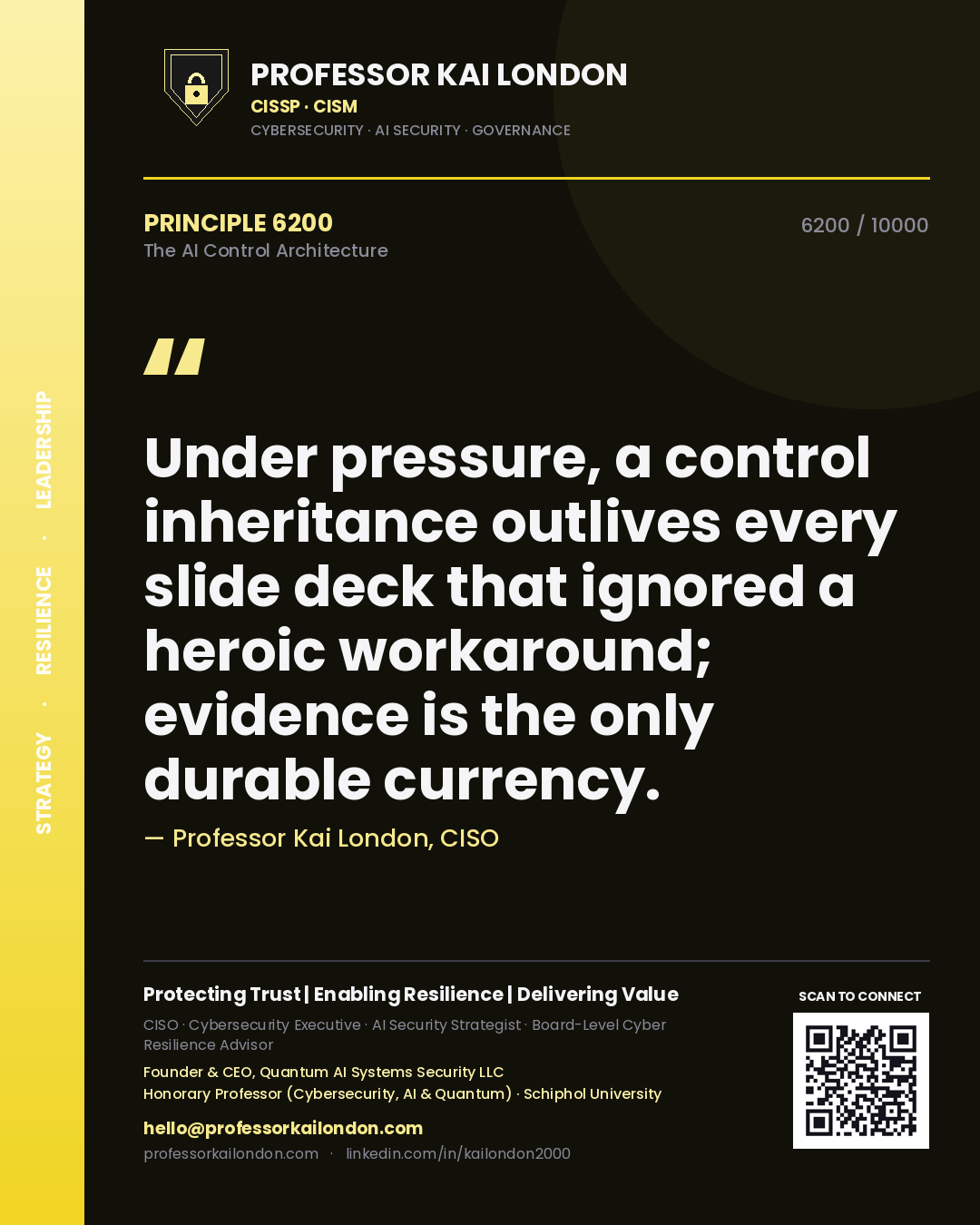 Professor Kai London principle 6200: Under pressure, a control inheritance outlives every slide deck that ignored a heroic workaround; evidence is the only durable currency.