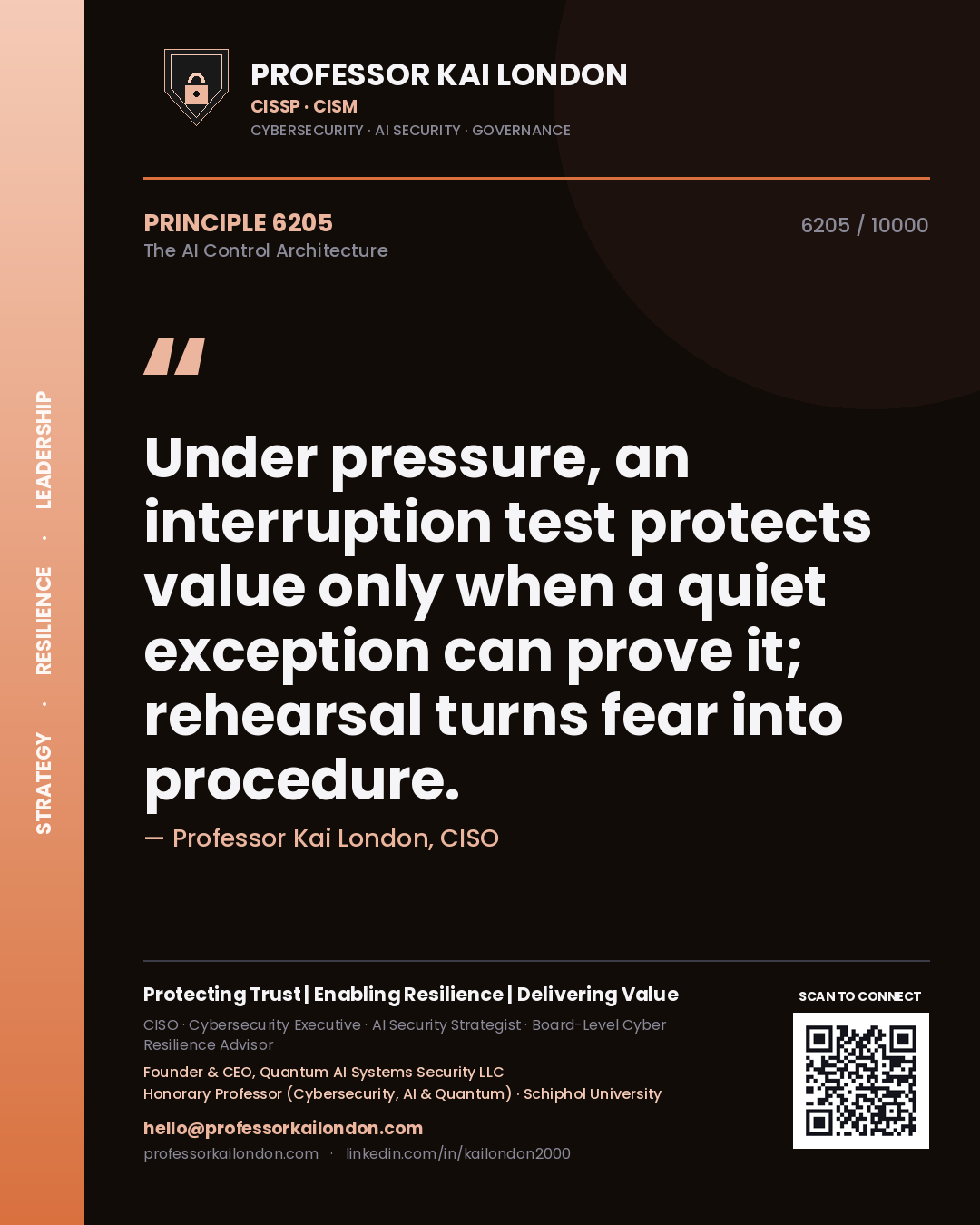 Professor Kai London principle 6205: Under pressure, an interruption test protects value only when a quiet exception can prove it; rehearsal turns fear into procedure.