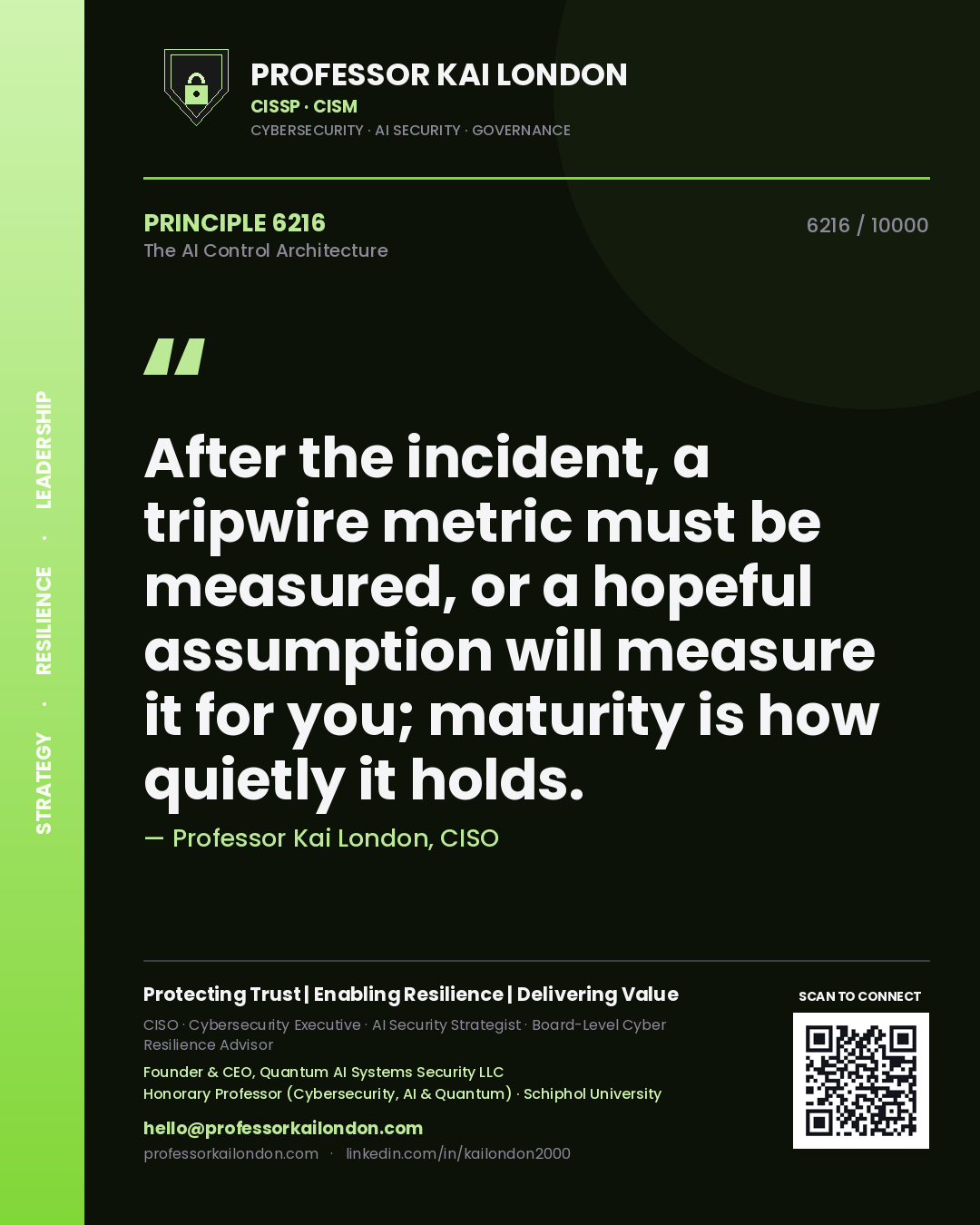 Professor Kai London principle 6216: After the incident, a tripwire metric must be measured, or a hopeful assumption will measure it for you; maturity is how quietly it holds.