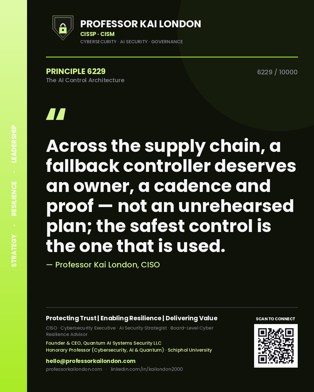 Quote card by Professor Kai London reading 'Across the supply chain, a fallback controller deserves an owner, a cadence and proof — not an unrehearsed plan; the safest control is the one that is used.'. From the book The AI Control Architecture.