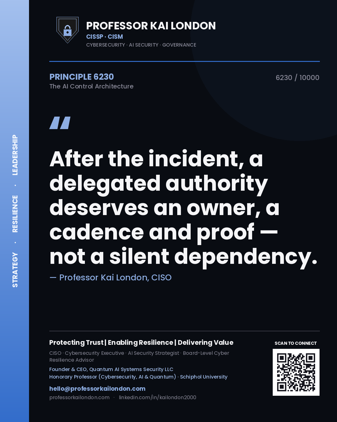 Professor Kai London principle 6230: After the incident, a delegated authority deserves an owner, a cadence and proof — not a silent dependency.
