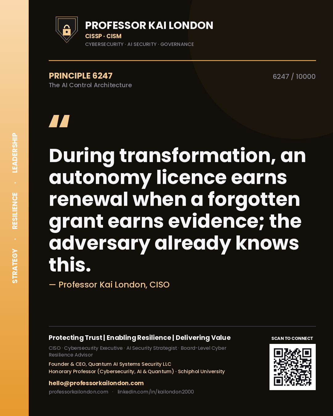 Quote card by Professor Kai London reading 'During transformation, an autonomy licence earns renewal when a forgotten grant earns evidence; the adversary already knows this.'. From the book The AI Control Architecture.
