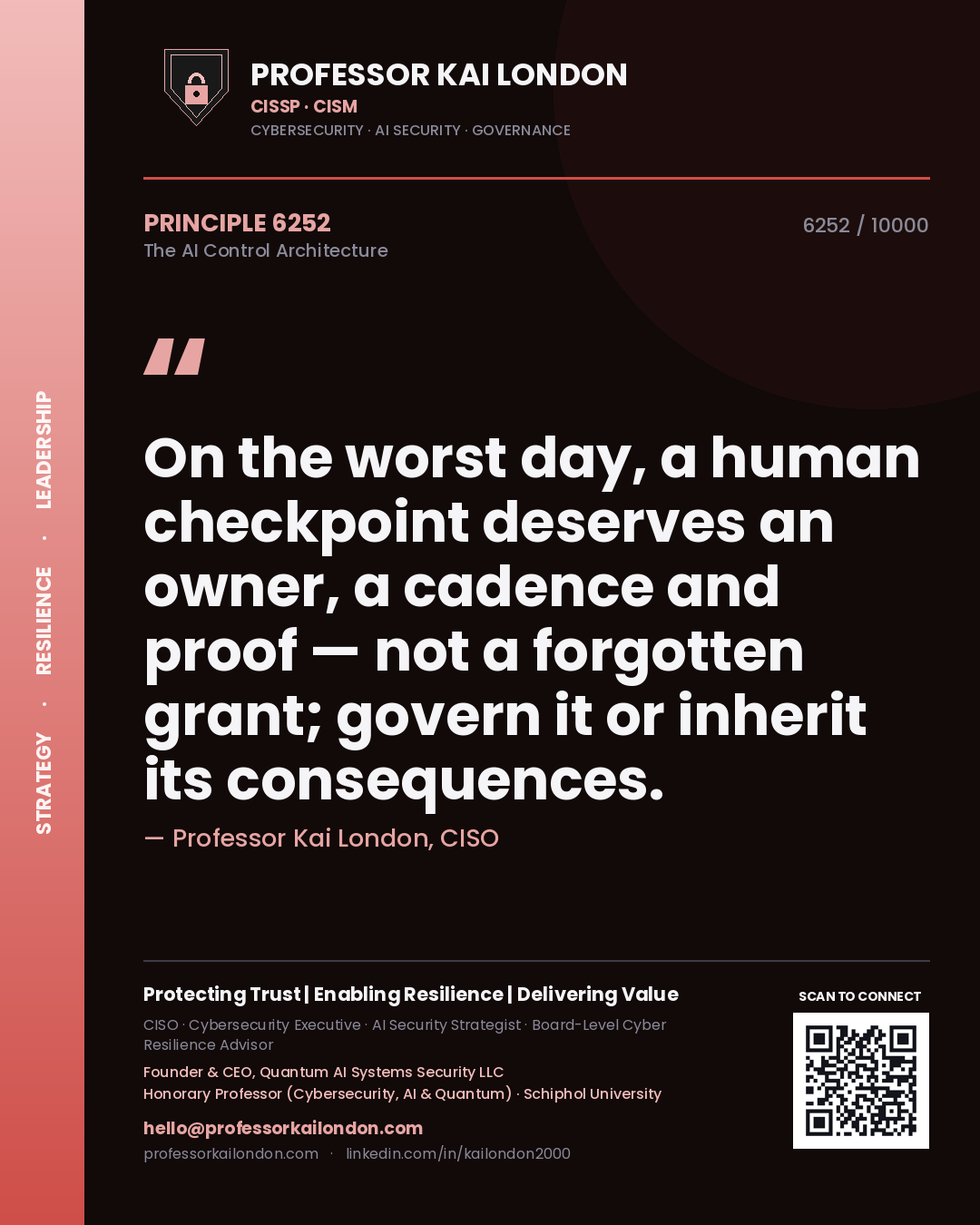 Professor Kai London principle 6252: On the worst day, a human checkpoint deserves an owner, a cadence and proof — not a forgotten grant; govern it or inherit its consequences.