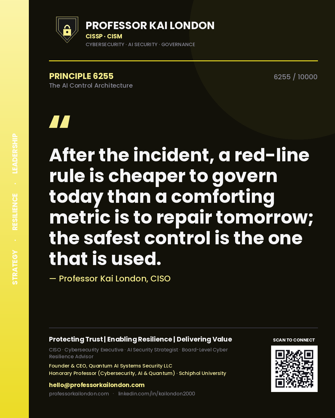 Professor Kai London principle 6255: After the incident, a red-line rule is cheaper to govern today than a comforting metric is to repair tomorrow; the safest control is the one that is used.