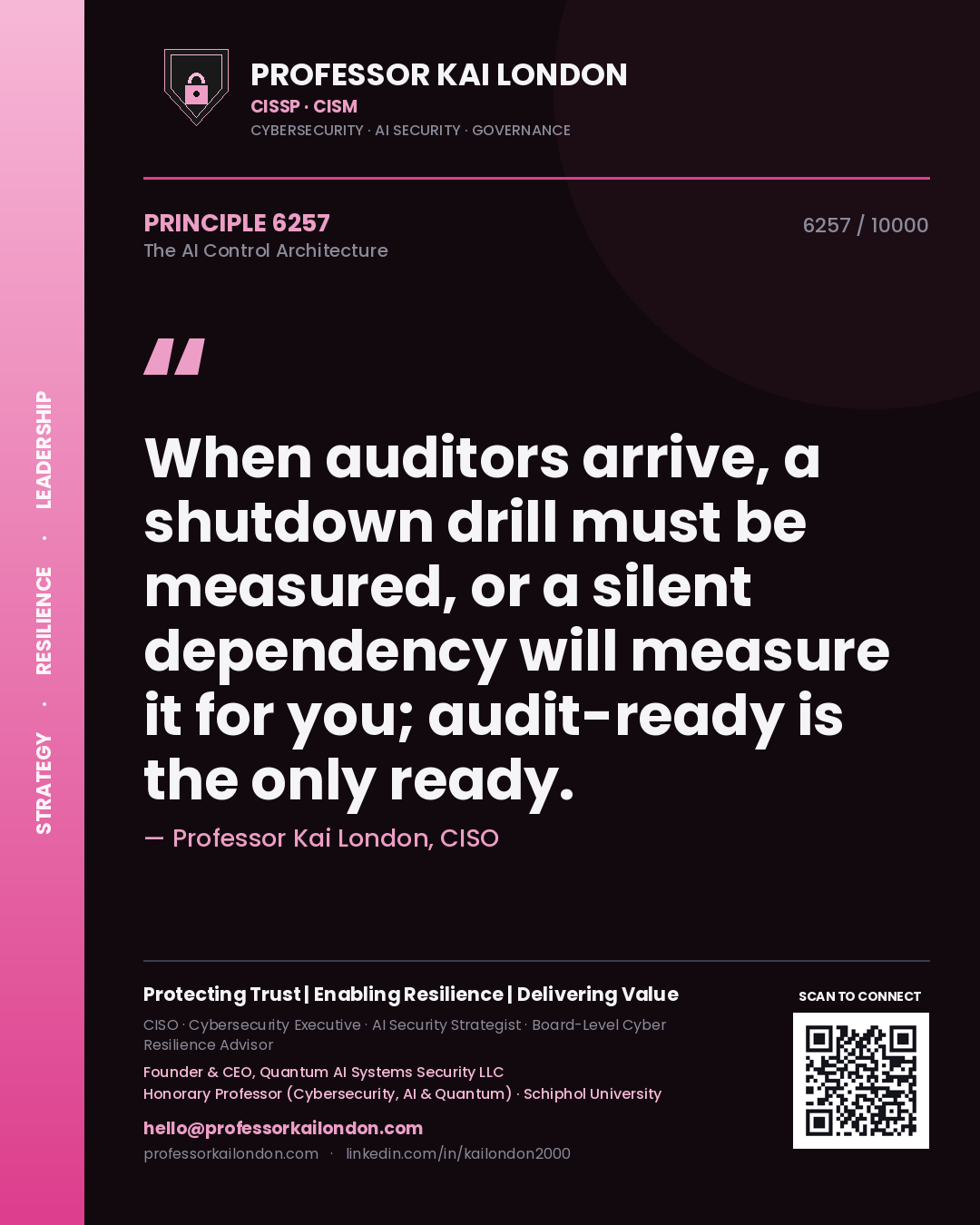 Professor Kai London principle 6257: When auditors arrive, a shutdown drill must be measured, or a silent dependency will measure it for you; audit-ready is the only ready.